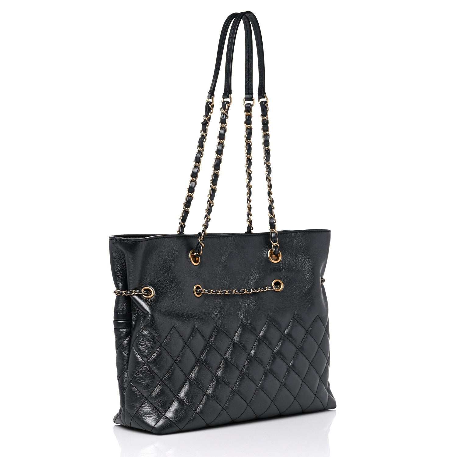 Chanel Metallic Aged Calfskin Quilted Drawstring Shopping Tote Dark Grey 3 of 12