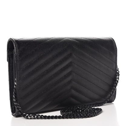 Saint Laurent Grain De Poudre Matelasse Chevron Monogram Chain Wallet Black 3 of 8