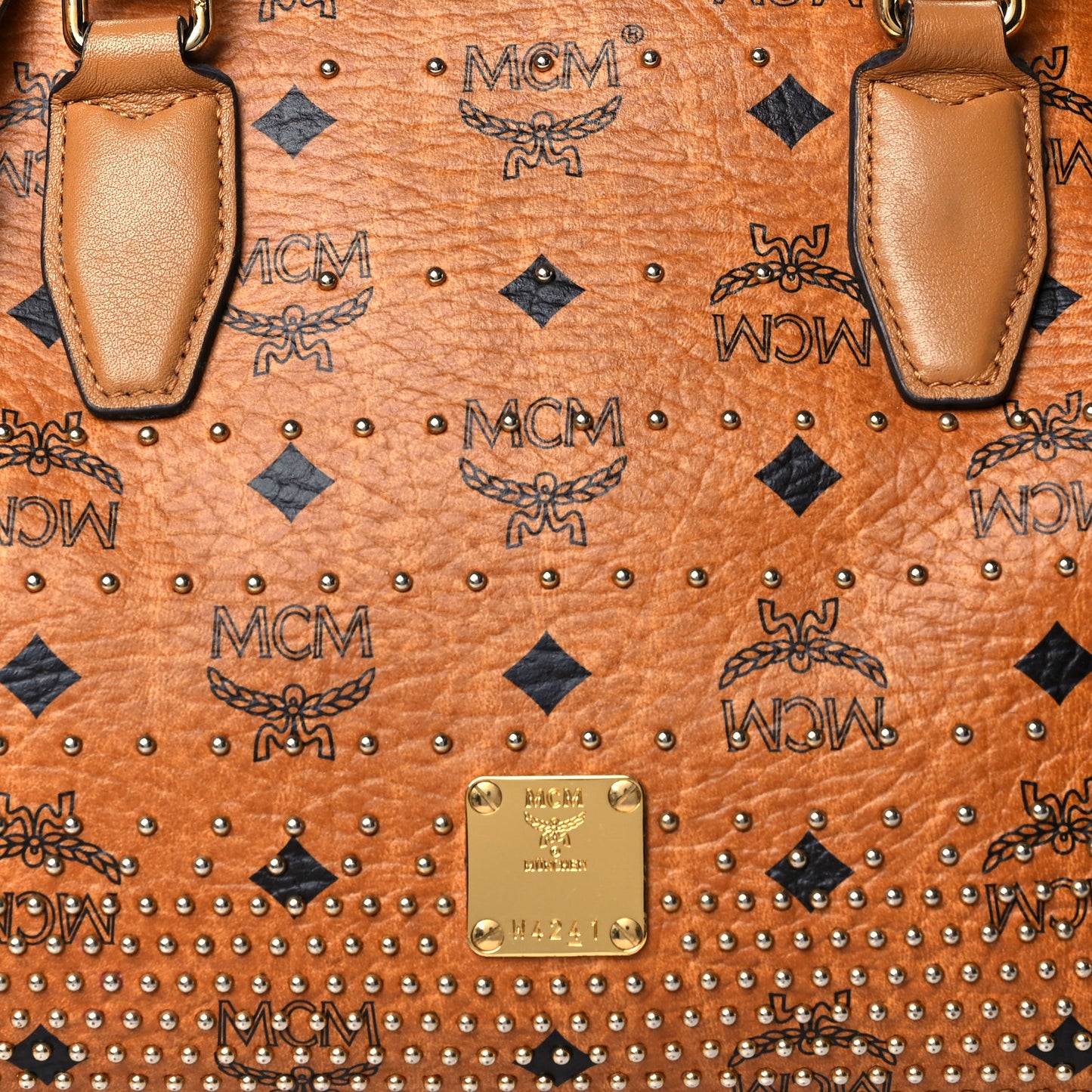 Visetos Studded Boston Satchel Cognac