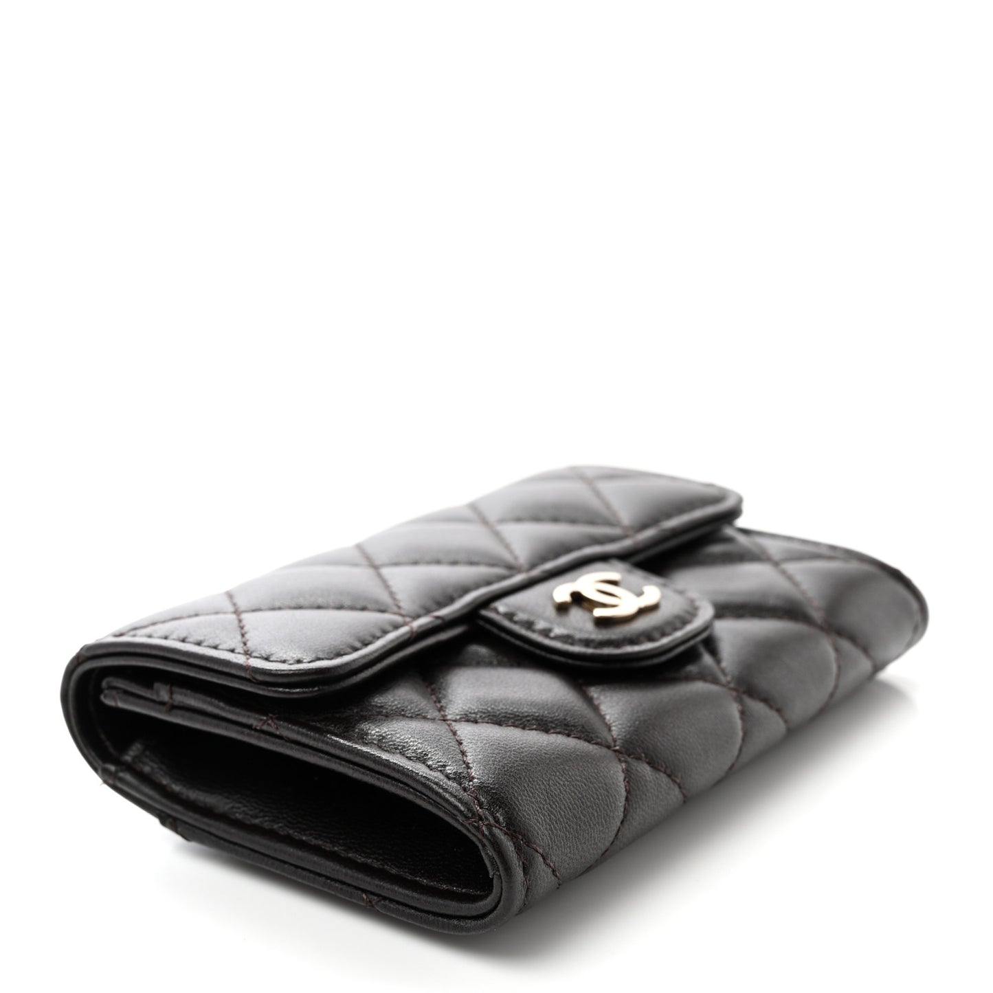 Lambskin Quilted Flap Card Holder Dark Brown