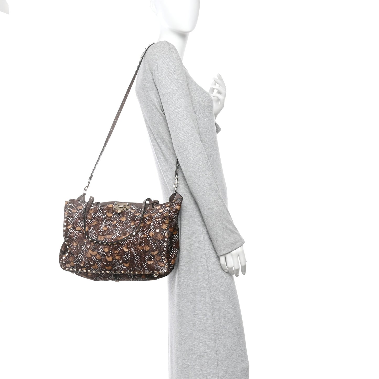 Calf Hair Feather Medium Rockstud Tote Brown