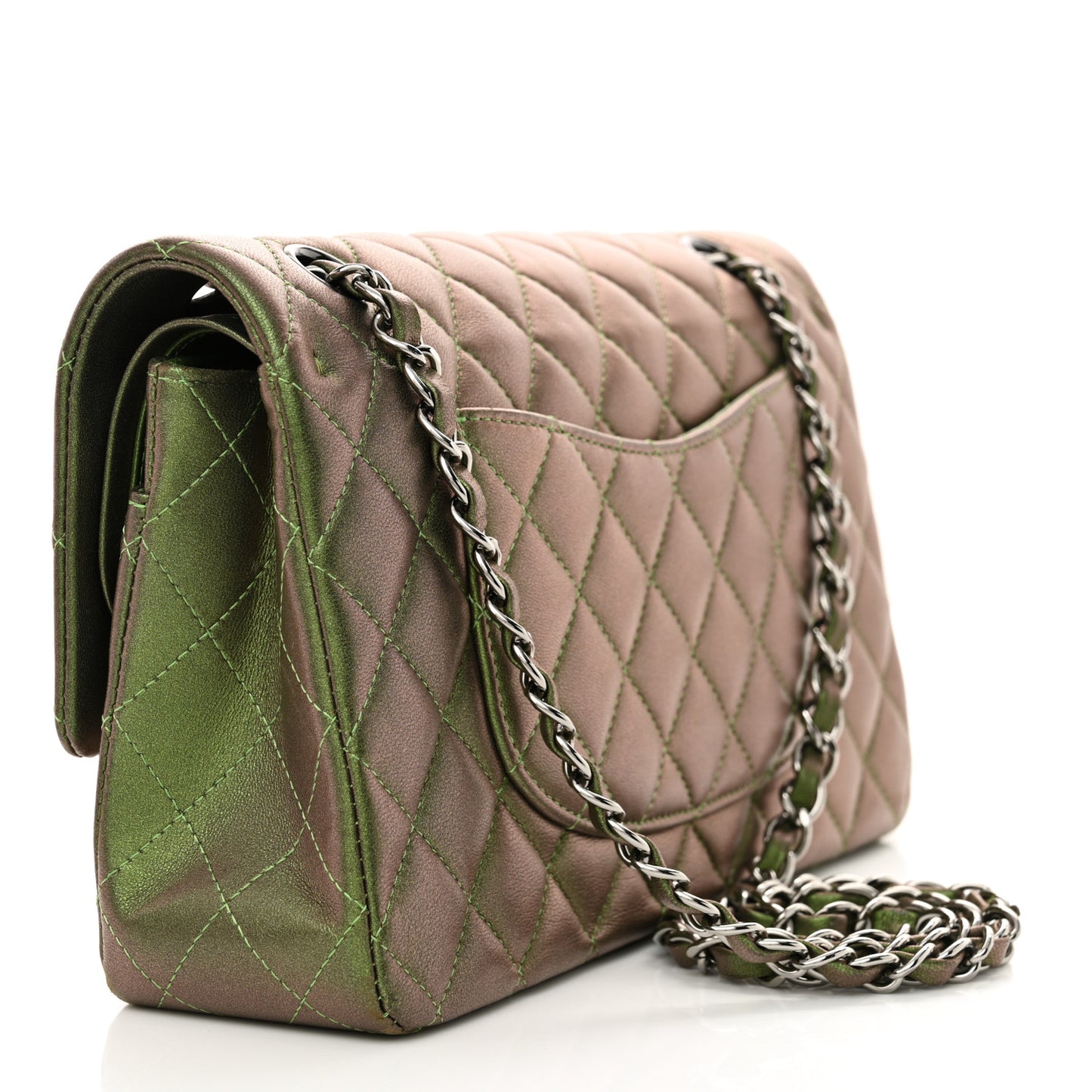 Iridescent Lambskin Quilted Medium Double Flap Green