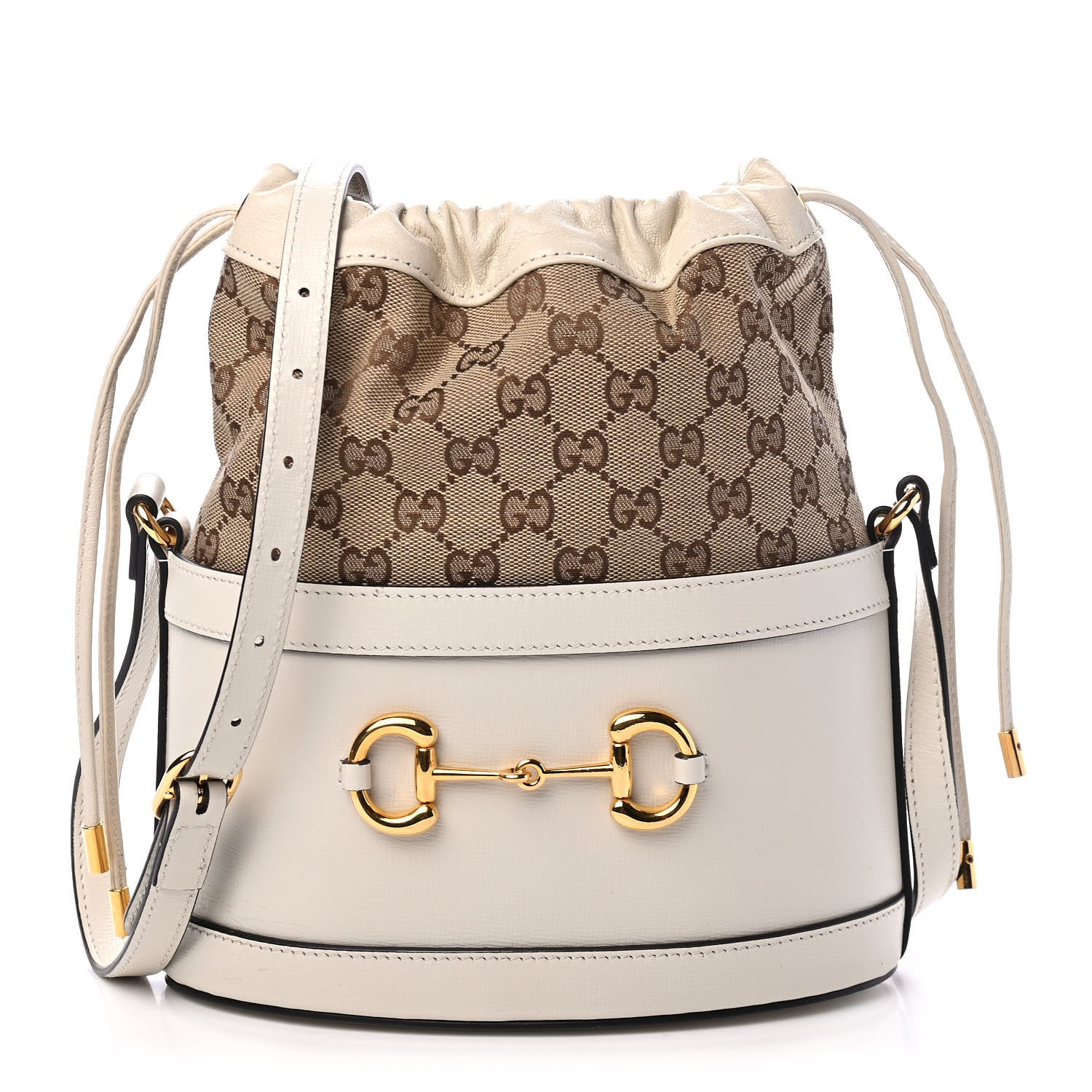 Gucci Monogram Textured Calfskin Horsebit 1955 Drawstring Bucket Bag Beige Mystic White 1 of 4