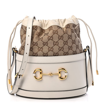 Gucci Monogram Textured Calfskin Horsebit 1955 Drawstring Bucket Bag Beige Mystic White 1 of 4
