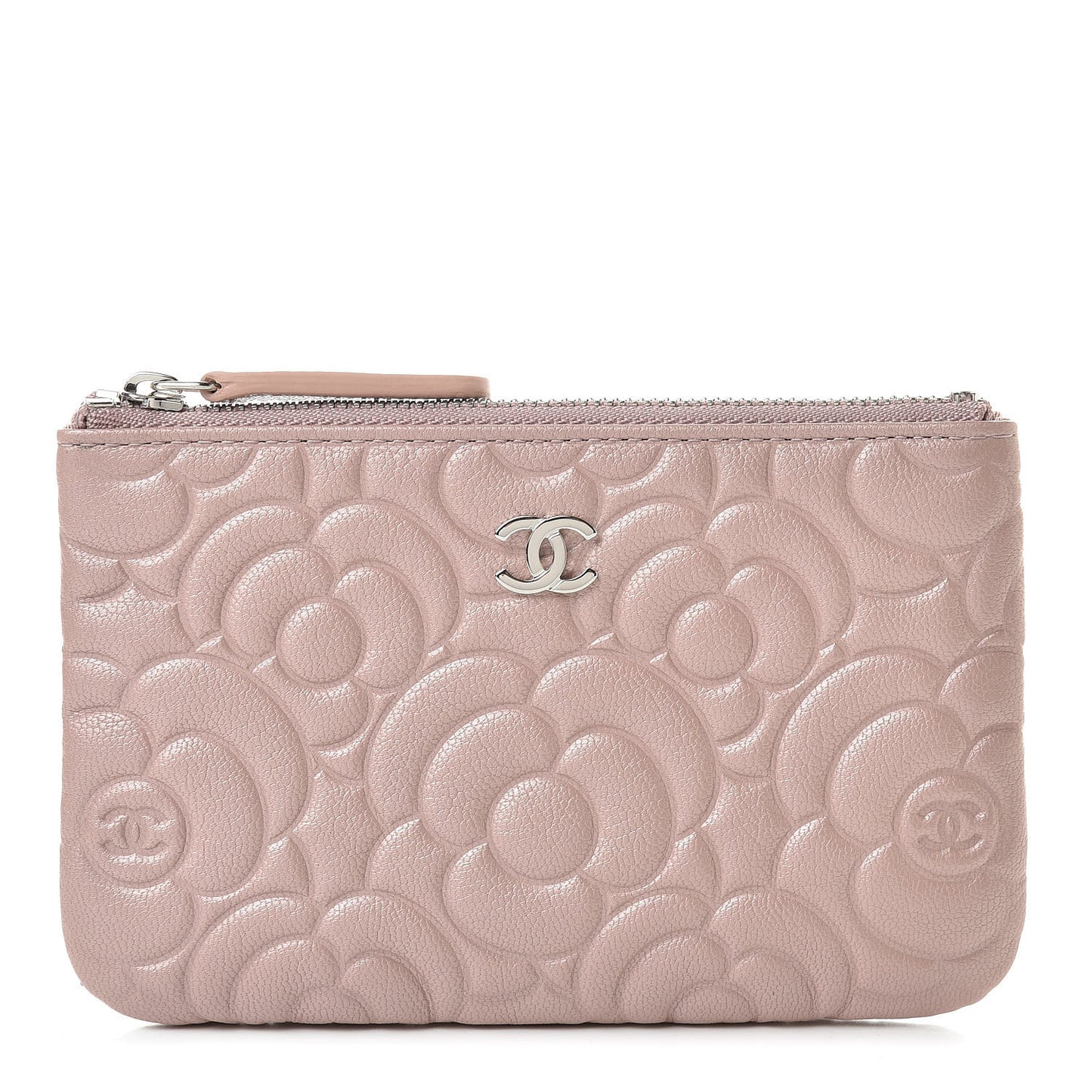 Goatskin Camellia Embossed Cosmetic Pouch Light Pink