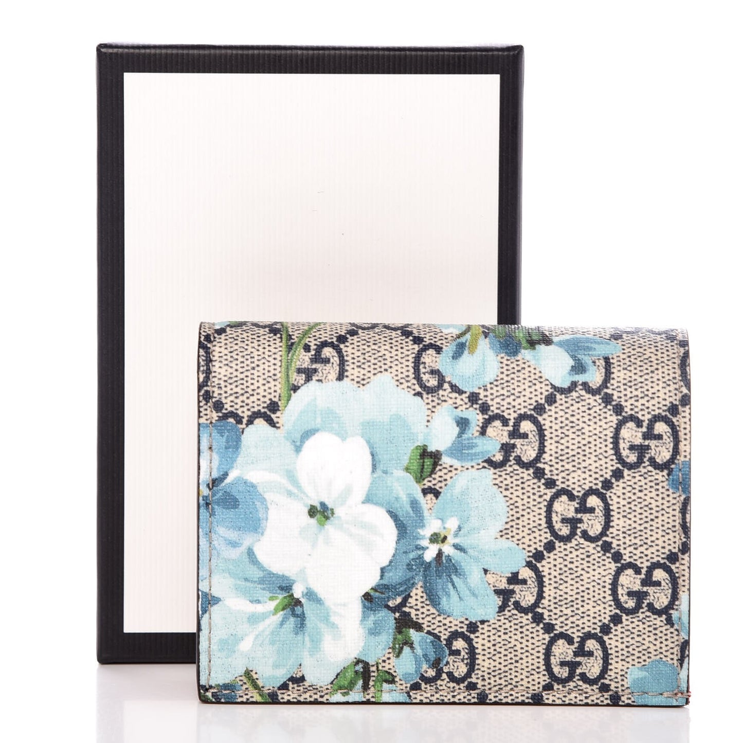 GG Supreme Monogram Blooms Card Case Wallet Beige Blue Navy Hibiscus Red