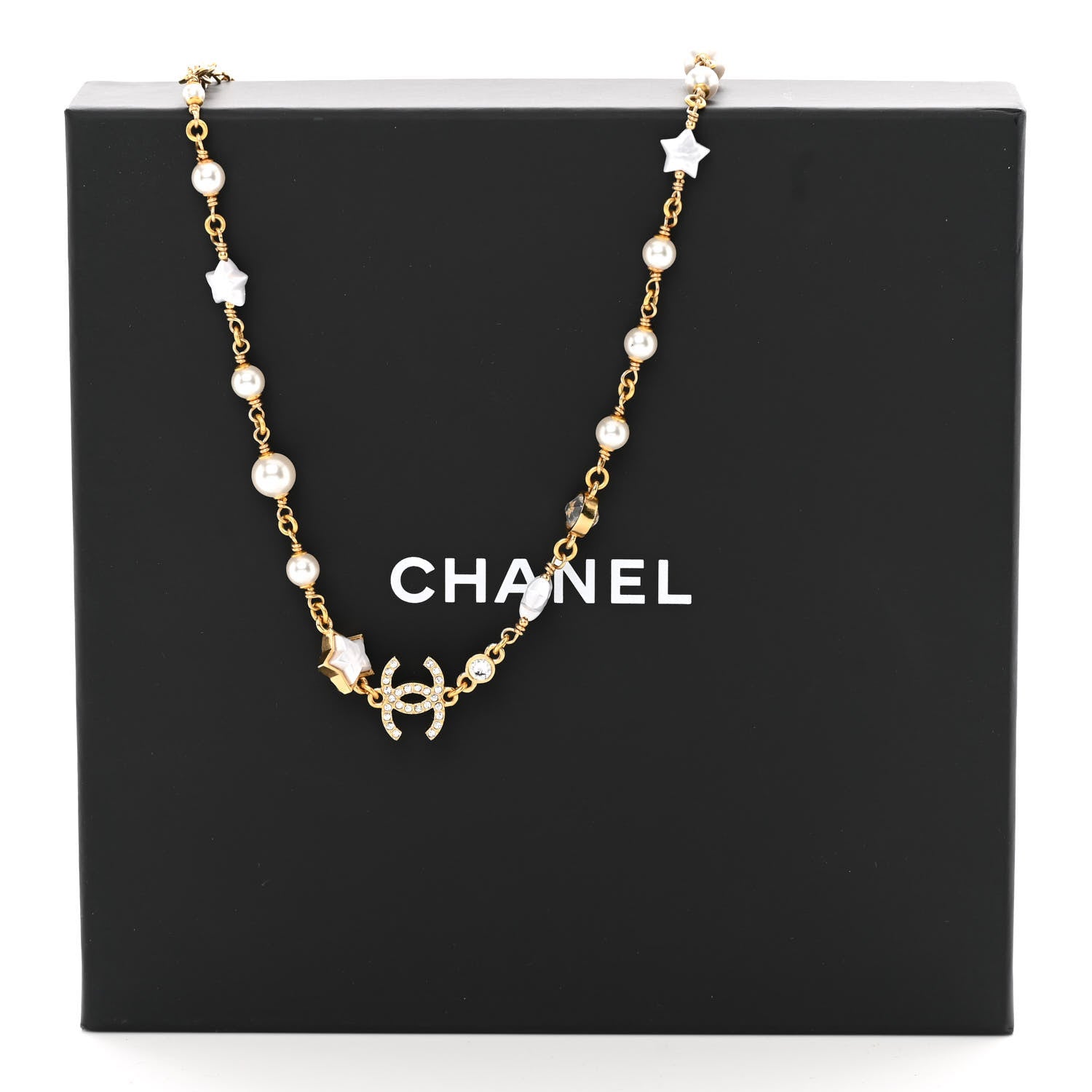 Chanel Metal Crystal Pearl CC Star Gold Pearly White 5 of 5