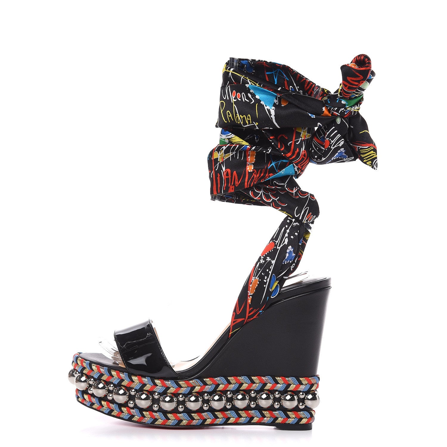 Christian Louboutin Patent Crepe Satin Loubitag Levantine 120 Wedge Sandals 36 Black 1 of 11
