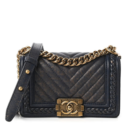 Chanel Patinated Caviar Chevron Braided Small Boy Flap Navy Blue 1 of 10