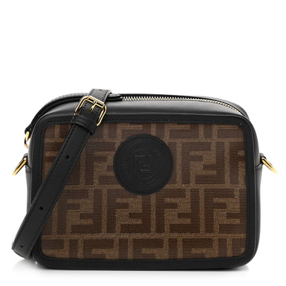 Fendi Glazed Fabric Vitello Century FF 1974 Stamp Patch Mini Camera Case Mogano Panna Black 1 of 12