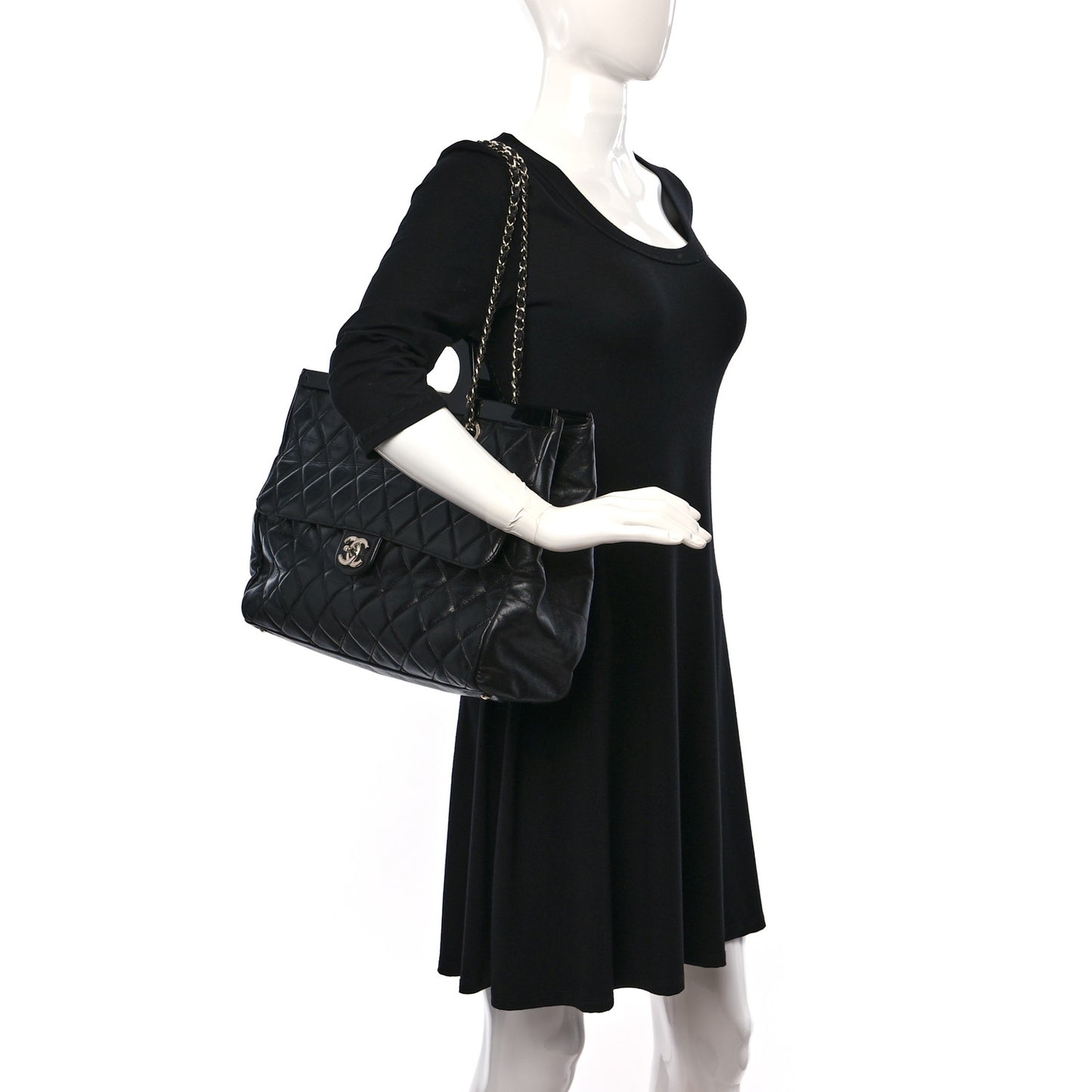 Glazed Calfskin Quilted Large CC Delivery Tote Black