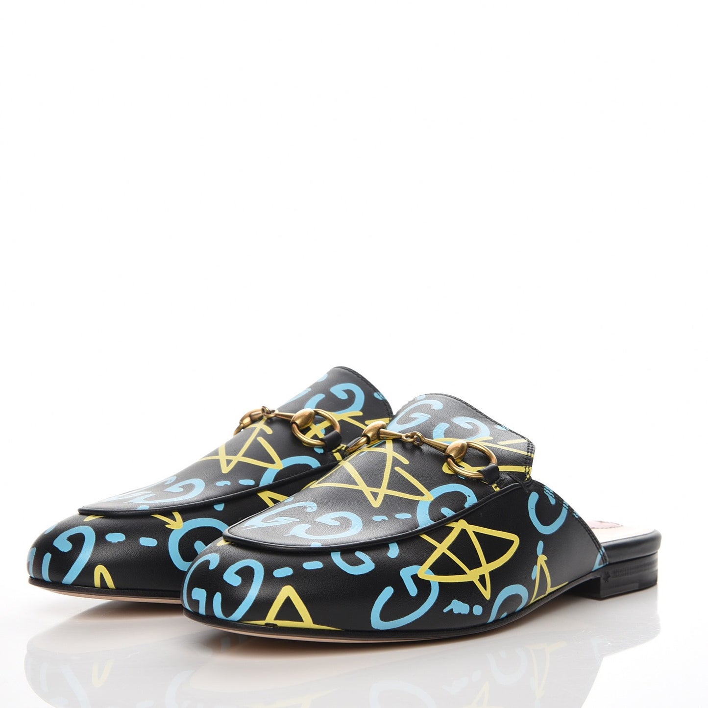 Calfskin GucciGhost Print Womens Princetown Slippers 37 Black New Acquamarine