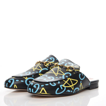 Gucci Calfskin GucciGhost Print Womens Princetown Slippers 37 Black New Acquamarine 3 of 9