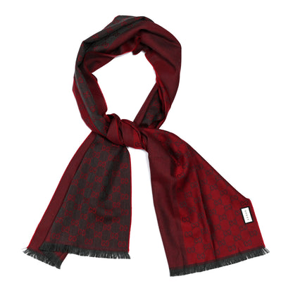 Gucci Wool Jacquard Monogram Fringe Scarf Graphite Red 2 of 3