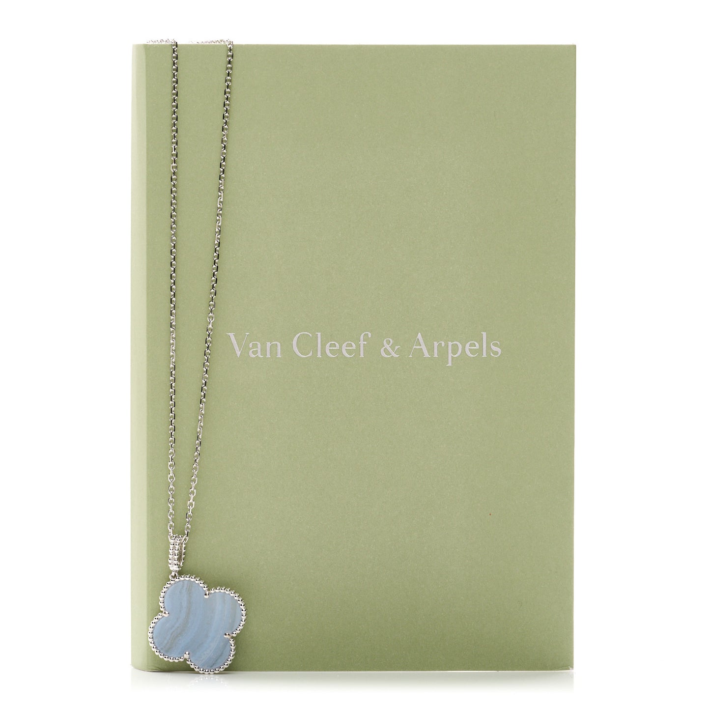 18K White Gold Chalcedony Magic Alhambra Pendant Long Necklace