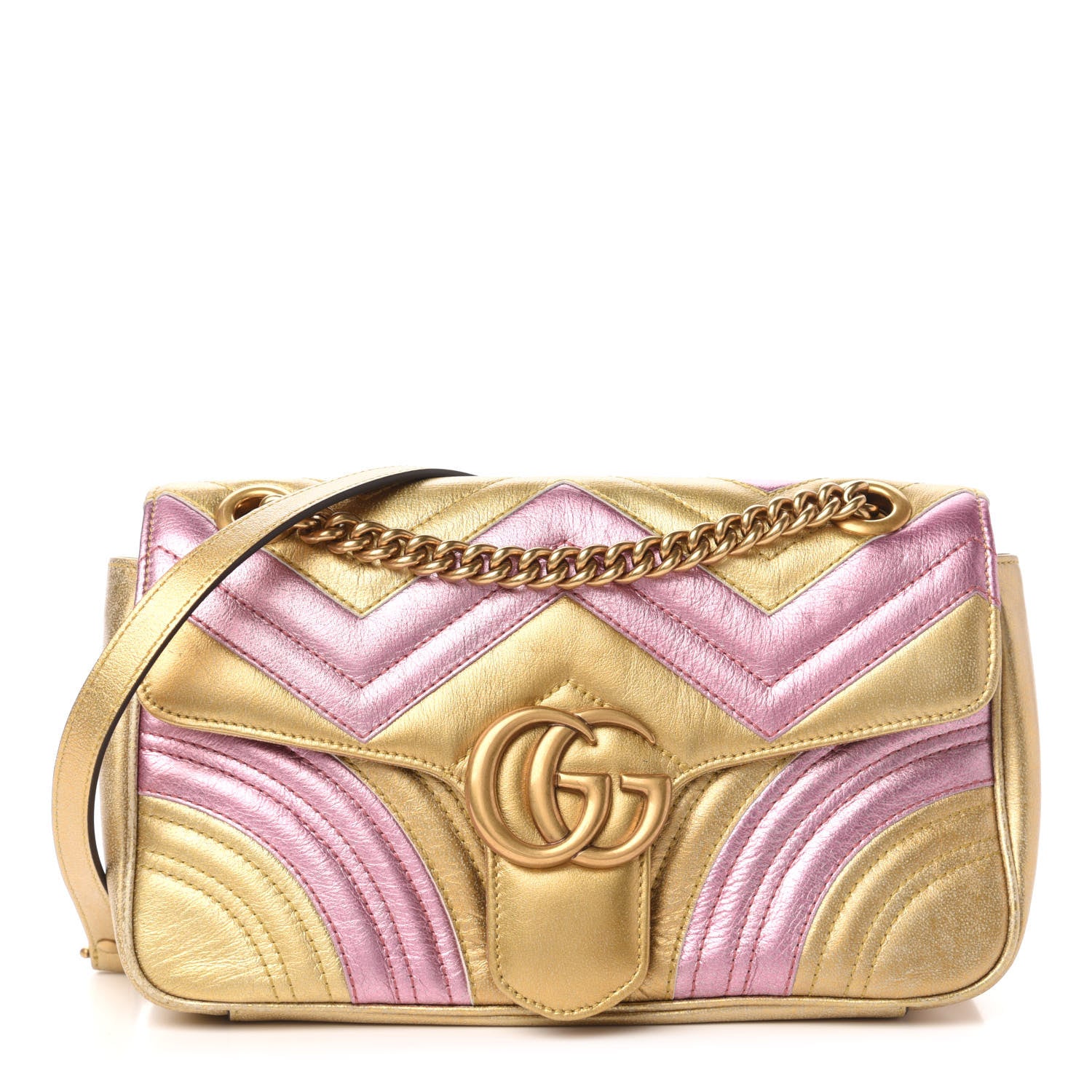 Gucci Metallic Calfskin Matelasse Small GG Marmont Shoulder Bag Gold Pink 1 of 12