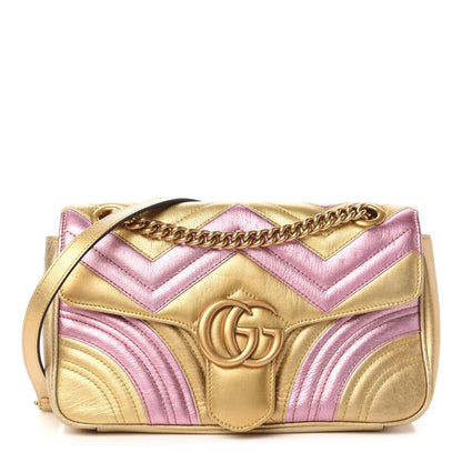 Gucci Metallic Calfskin Matelasse Small GG Marmont Shoulder Bag Gold Pink 1 of 12