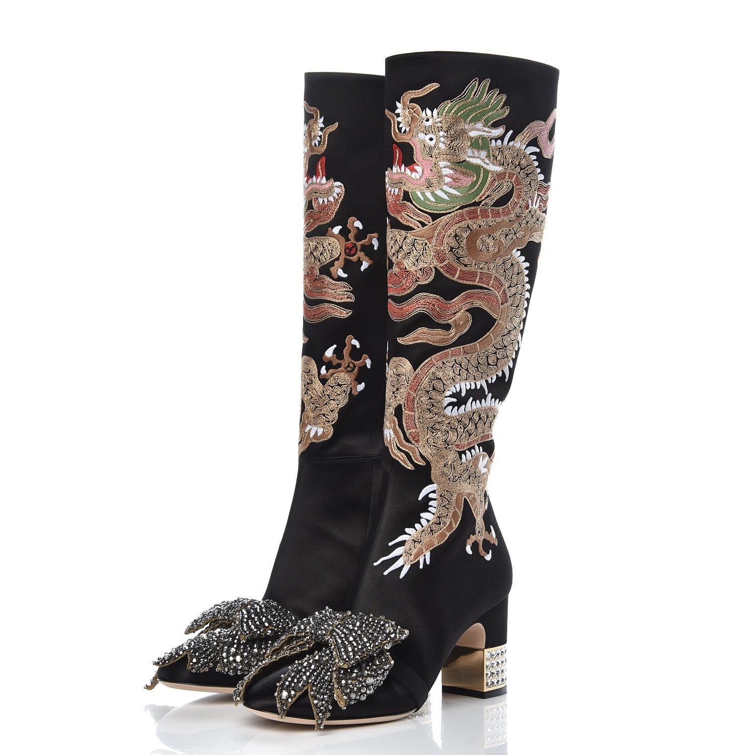 Gucci Silk Satin Malaga Kid Embroidered Candy Dragon Block-Heel Knee Boot 38 Black 3 of 8