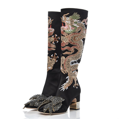 Gucci Silk Satin Malaga Kid Embroidered Candy Dragon Block-Heel Knee Boot 38 Black 3 of 8