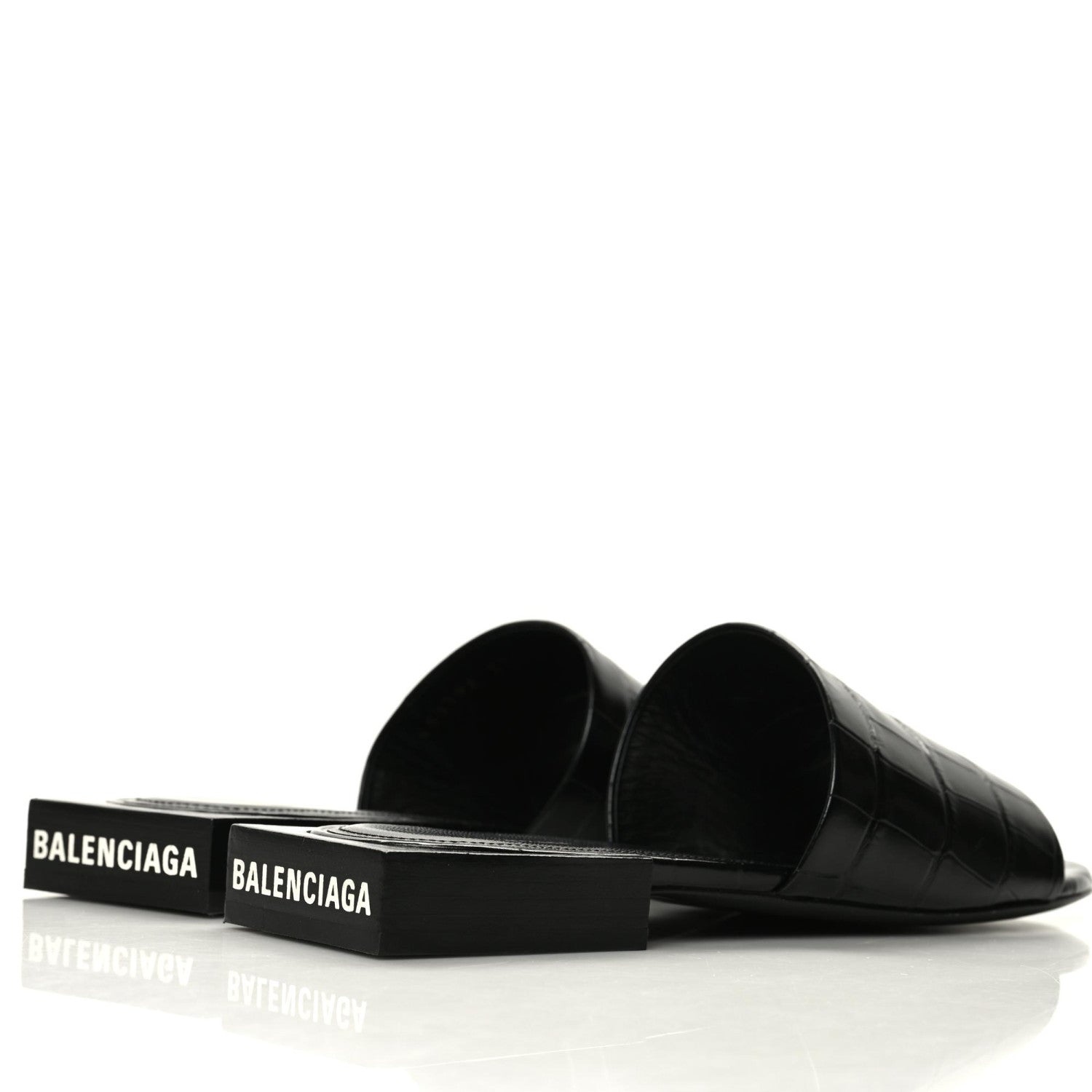 Balenciaga Calfskin Logo Crocodile Embossed Box 5mm Slide Sandals 37 Black White 4 of 10