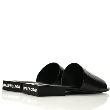 Balenciaga Calfskin Logo Crocodile Embossed Box 5mm Slide Sandals 37 Black White 4 of 10