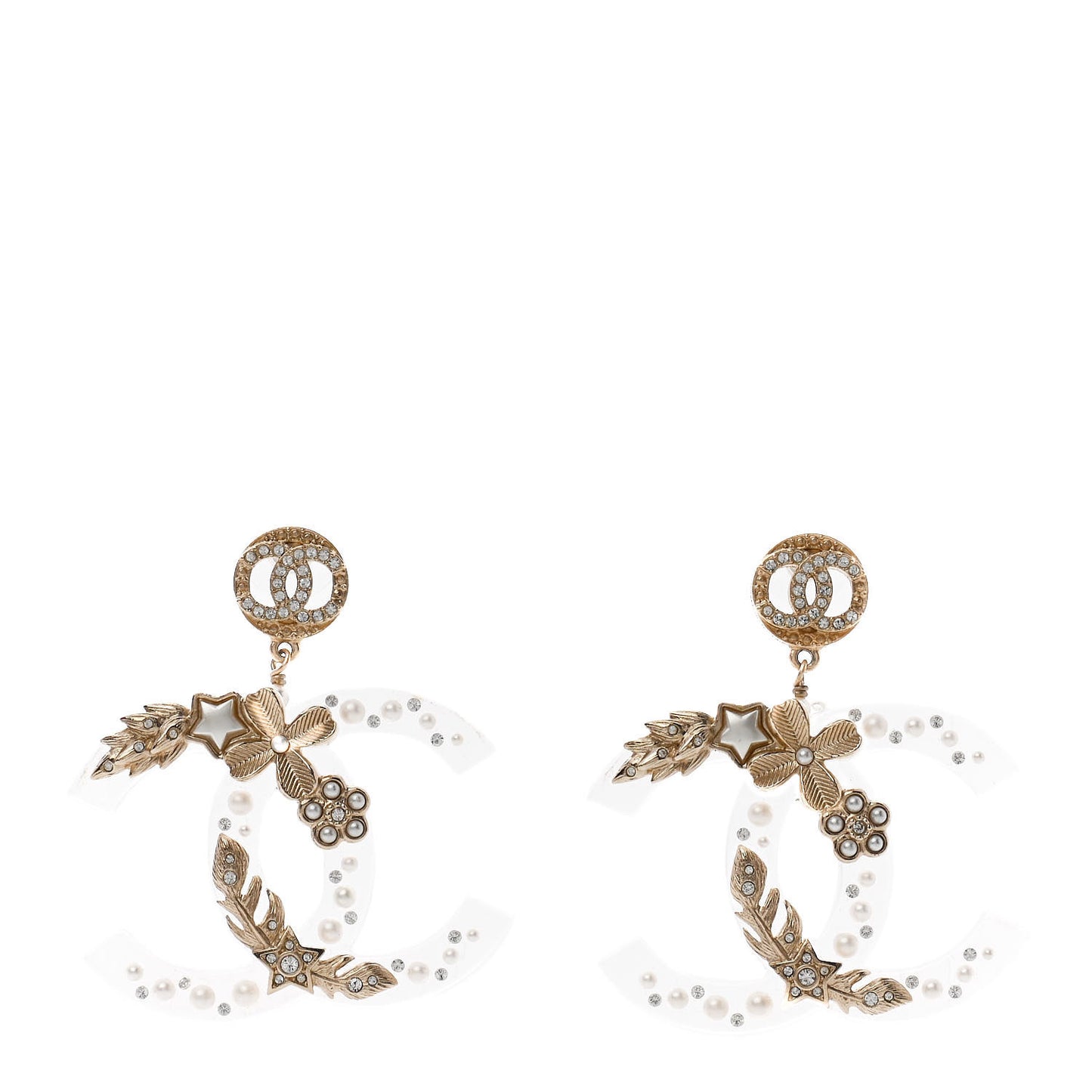 Resin Crystal Pearl Feather Star CC Drop Earrings Gold