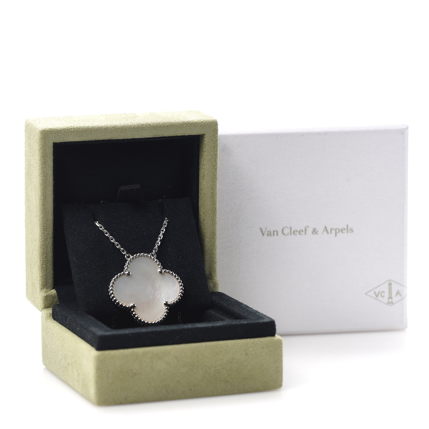 Van Cleef & Arpels 18K White Gold Mother of Pearl Magic Alhambra Pendant Necklace 8 of 8