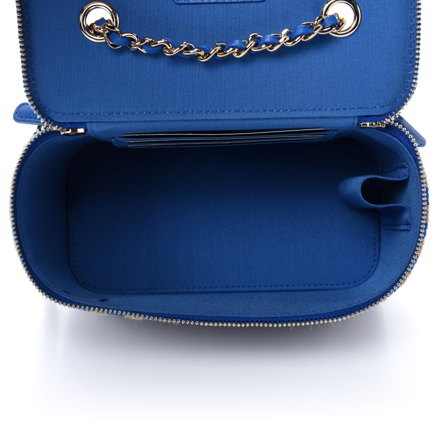 Raffia Jute Striped Small Vanity Case With Chain Blue Beige