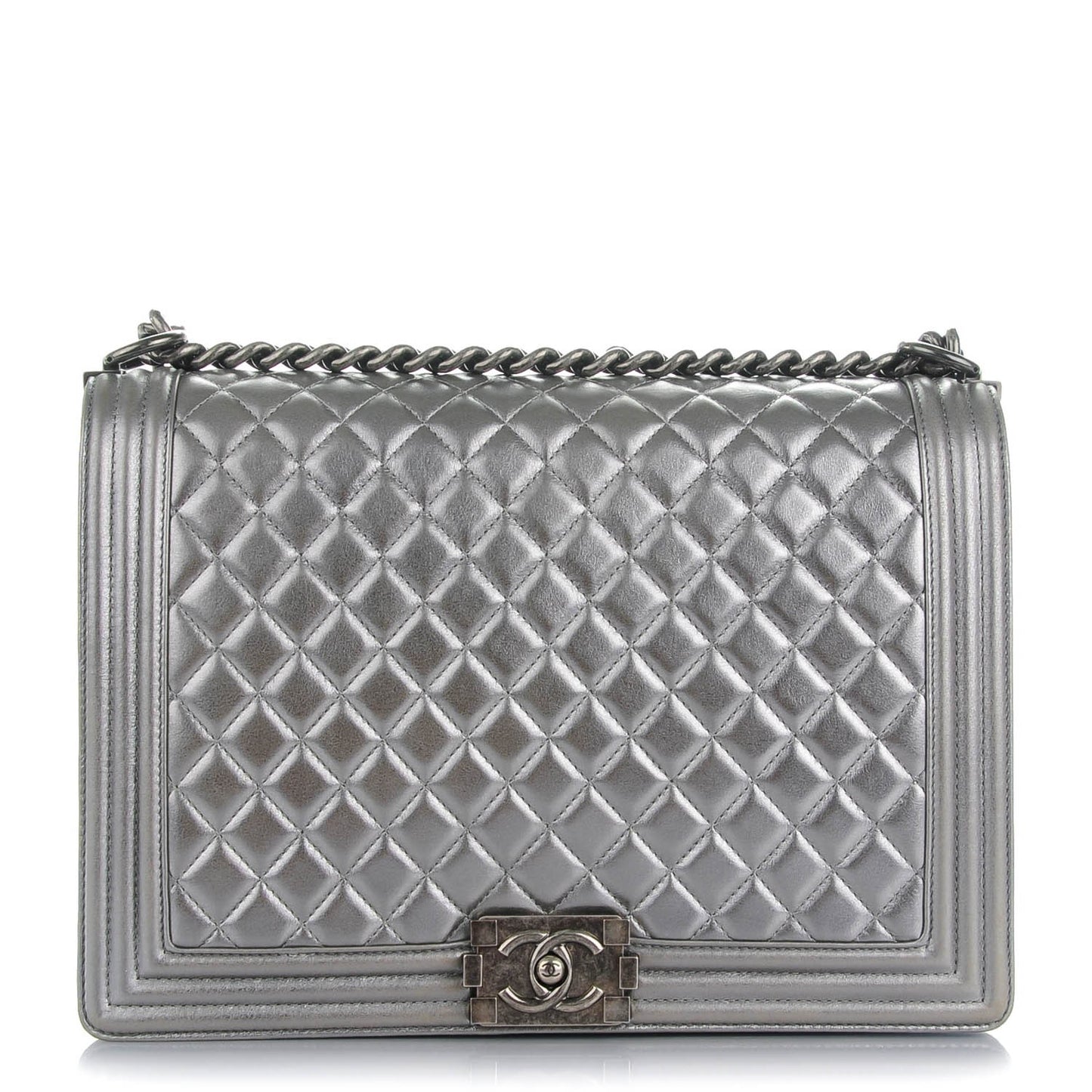 Metallic Calfskin Quilted Large Boy Flap Dark Silver