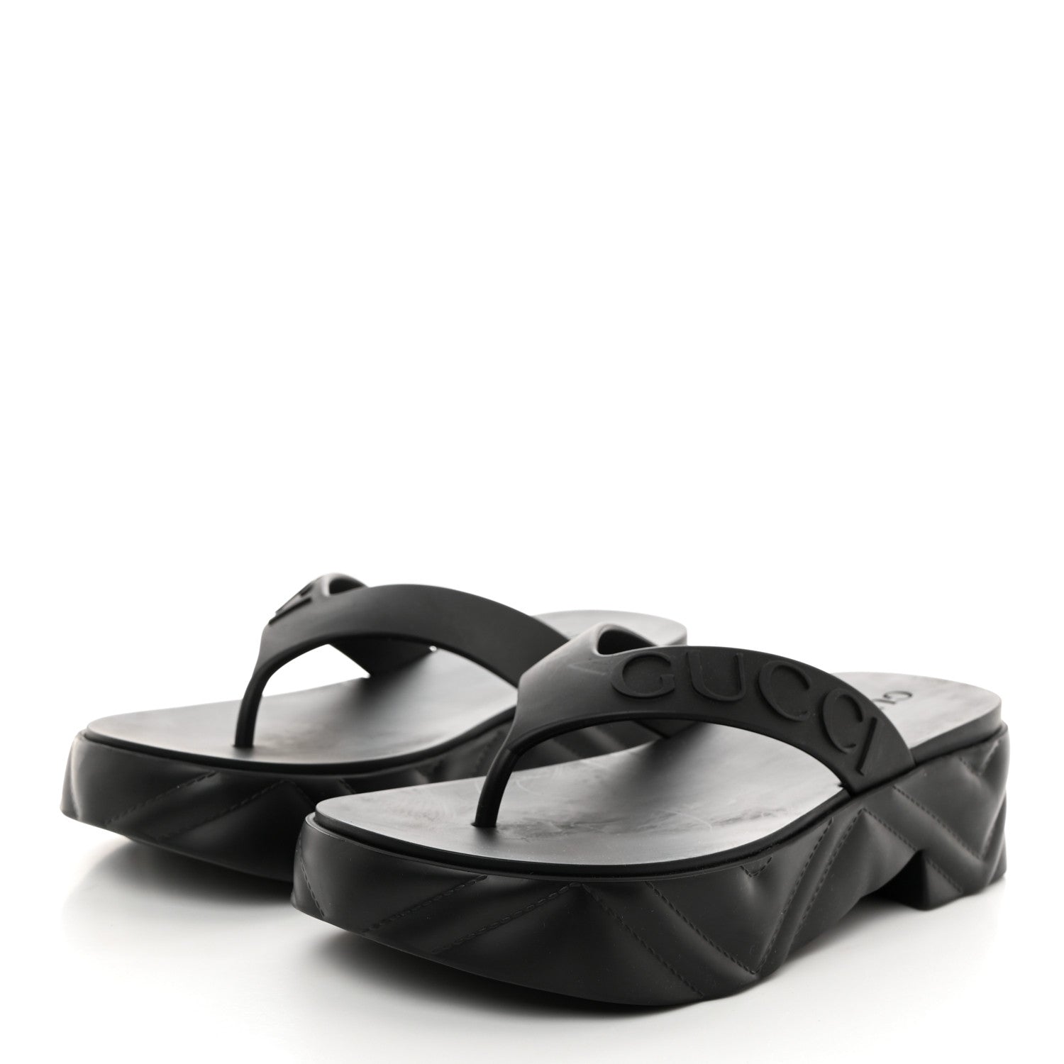 Gucci Rubber Chevron Logo Embossed Womens Thong Platform Sandals 35 Black 3 of 9