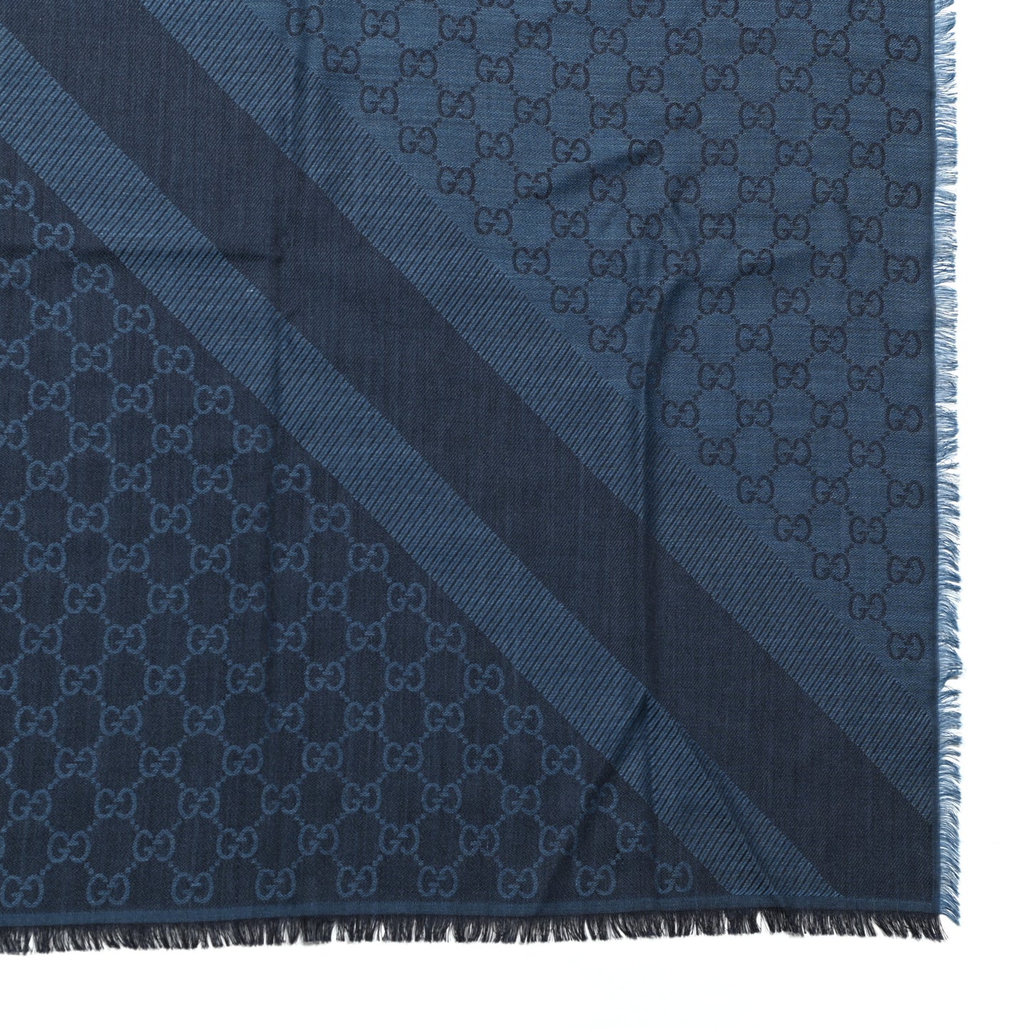 Wool Silk Monogram GGWeb Fringe Shawl Navy Blue