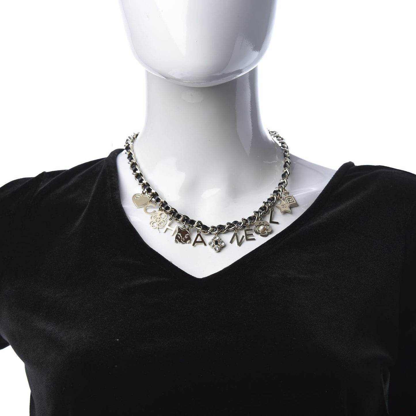 Lambskin Crystal CC Logo Charming Necklace Gold Black