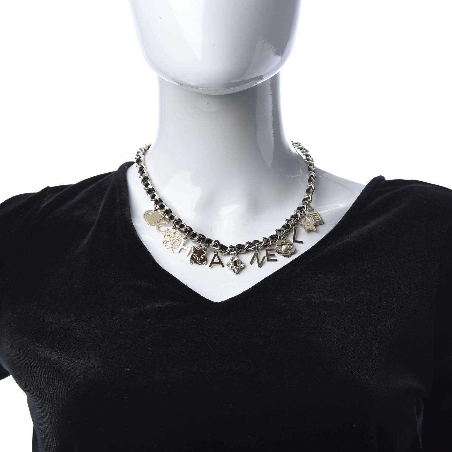 Chanel Lambskin Crystal CC Logo Charming Necklace Gold Black 2 of 5