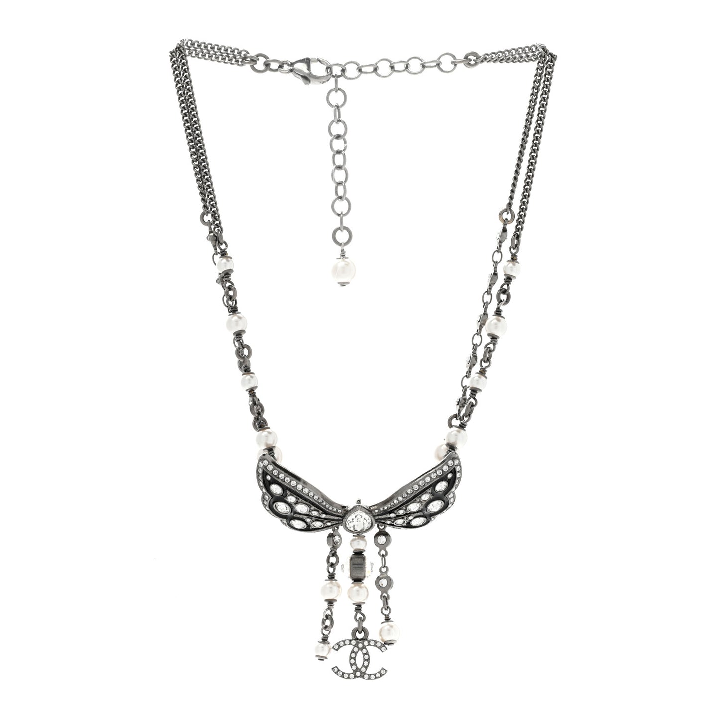 Crystal Pearl Enamel CC Butterfly Choker Necklace Silver