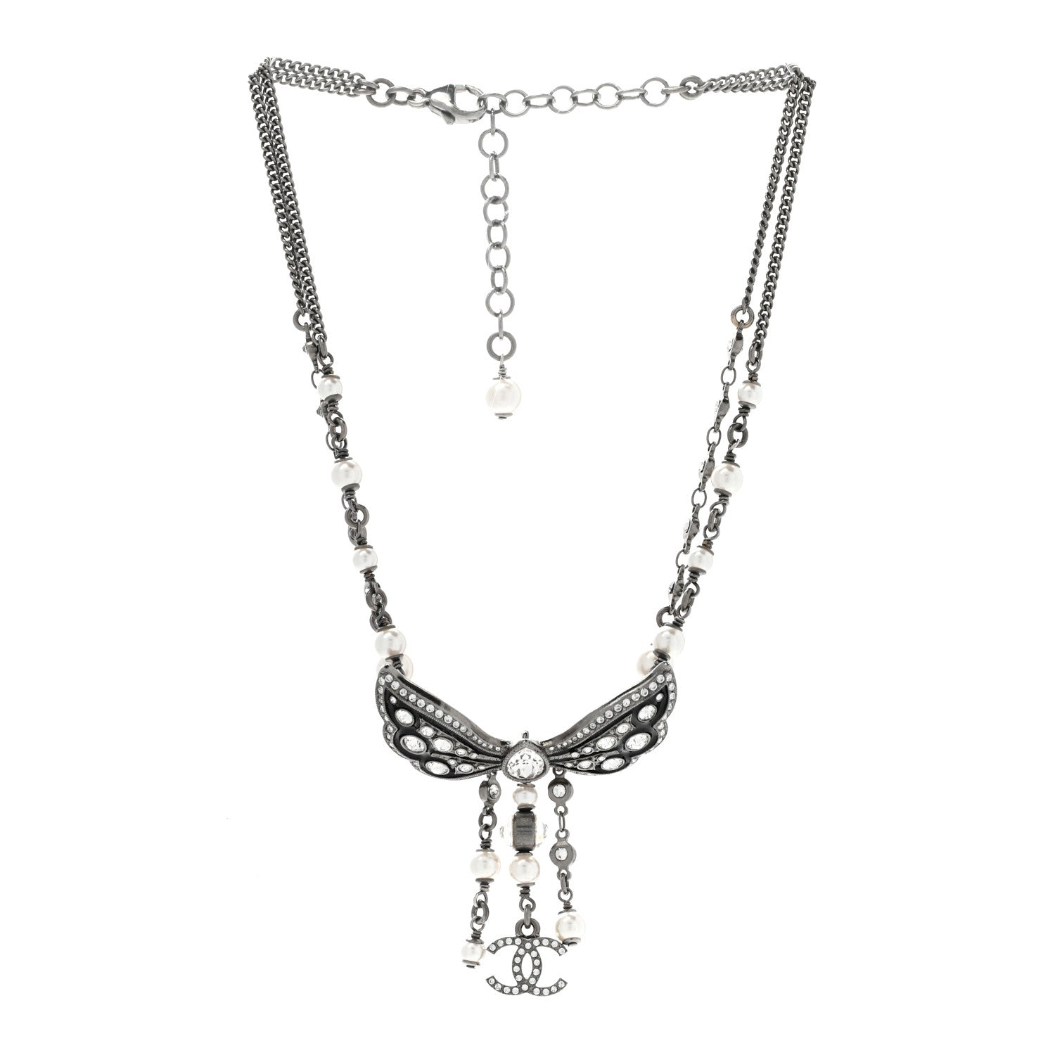 Chanel Crystal Pearl Enamel CC Butterfly Choker Necklace Silver 3 of 6