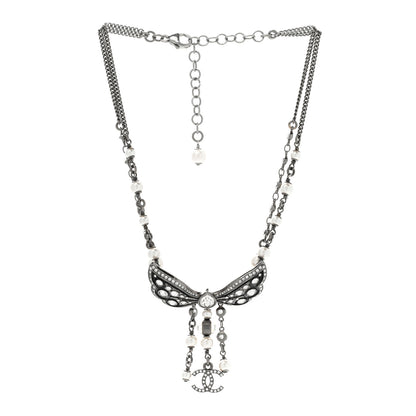 Chanel Crystal Pearl Enamel CC Butterfly Choker Necklace Silver 3 of 6