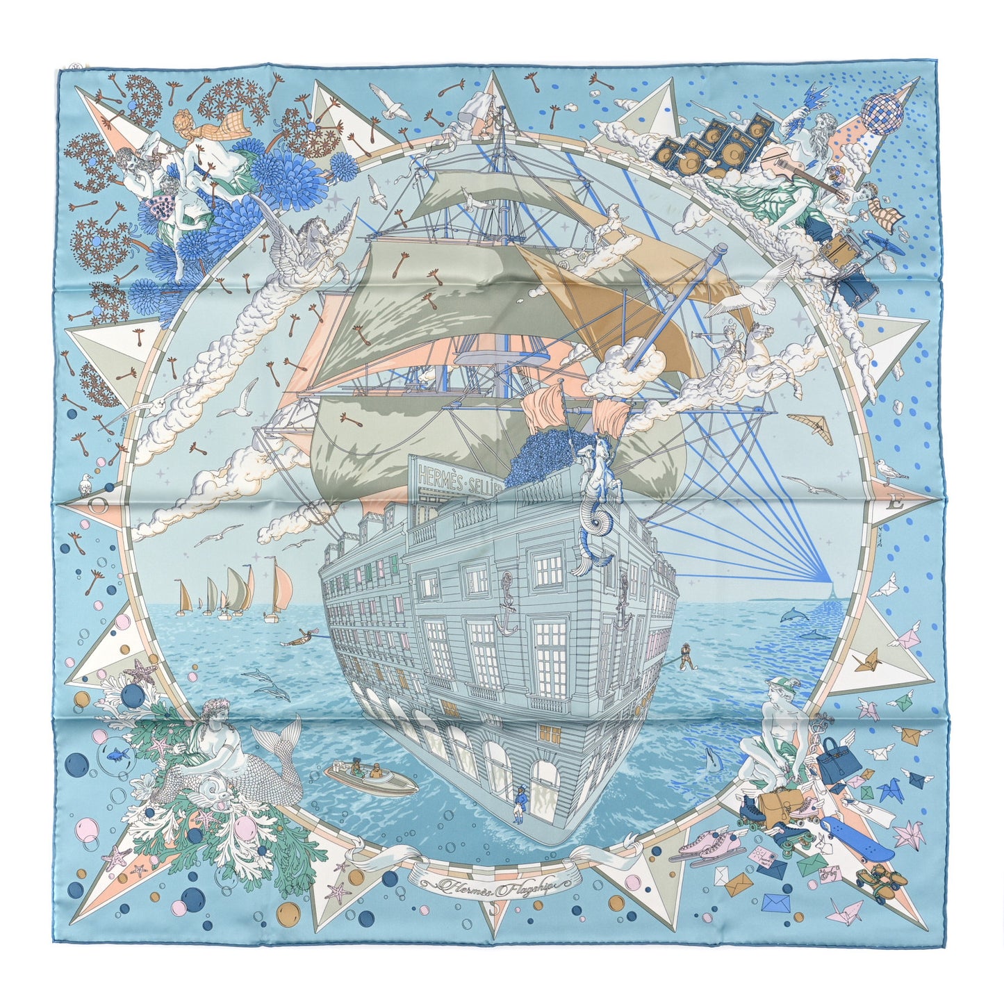 Silk Flagship Scarf 90 Bleu Ciel Vert De Bleu Ciel Vert De Gris Rose