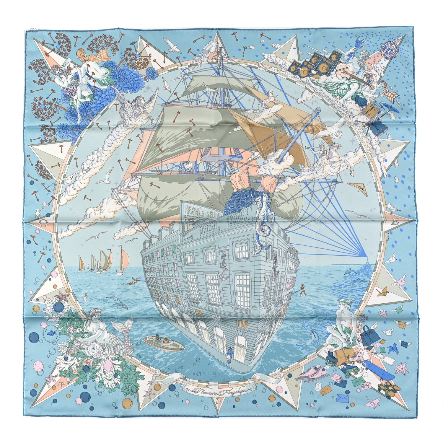 Hermes Silk Flagship Scarf 90 Bleu Ciel Vert De Bleu Ciel Vert De Gris Rose 1 of 3