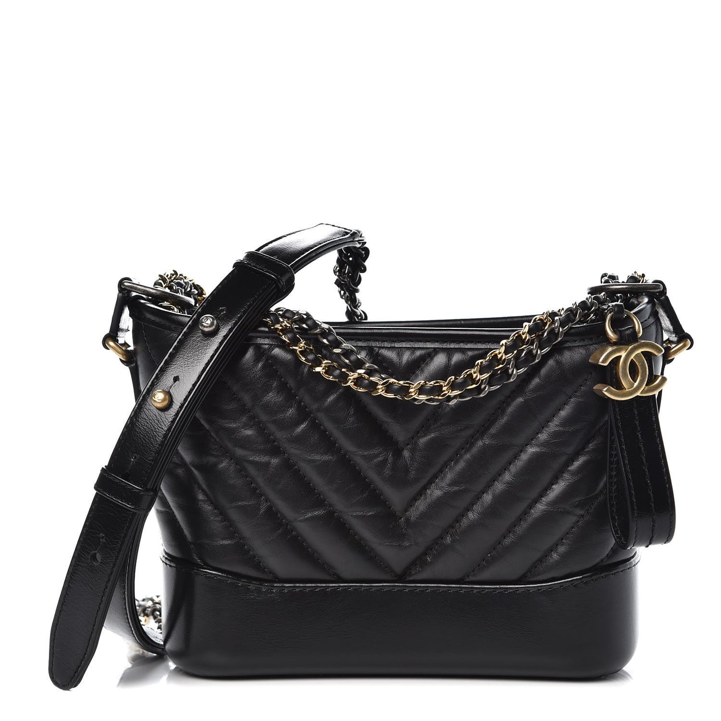 Aged Calfskin Chevron Quilted Small Gabrielle Hobo Black
