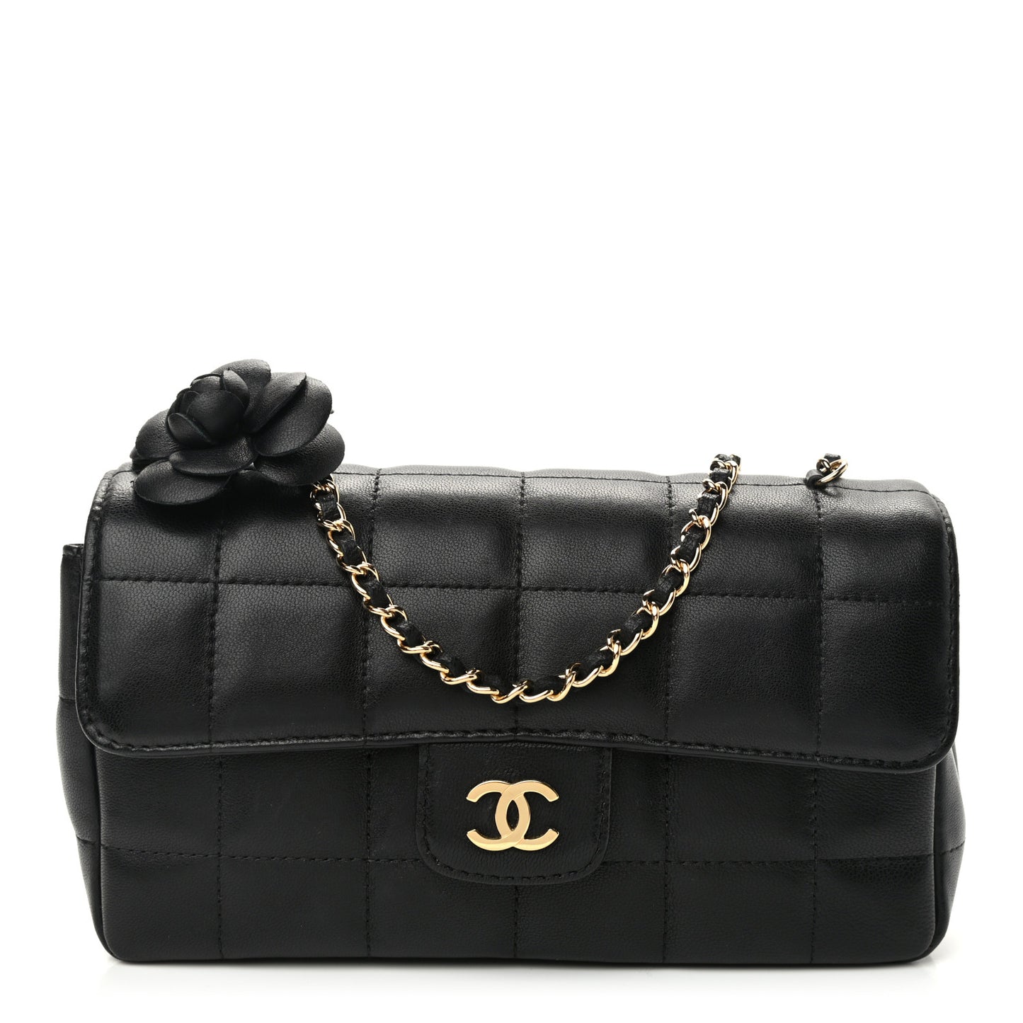 Lambskin Quilted Mini Chocolate Bar Camellia Flap Black