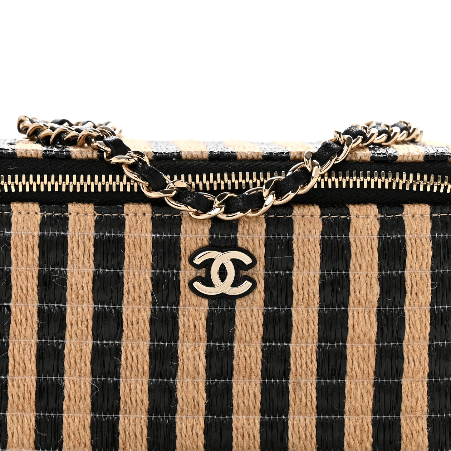 Raffia Jute Striped Small Vanity Case With Chain Black Beige