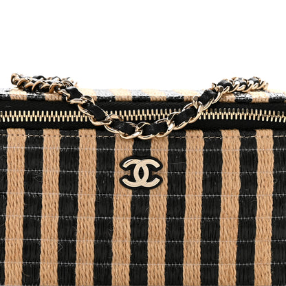 Chanel Raffia Jute Striped Small Vanity Case With Chain Black Beige 8 of 12