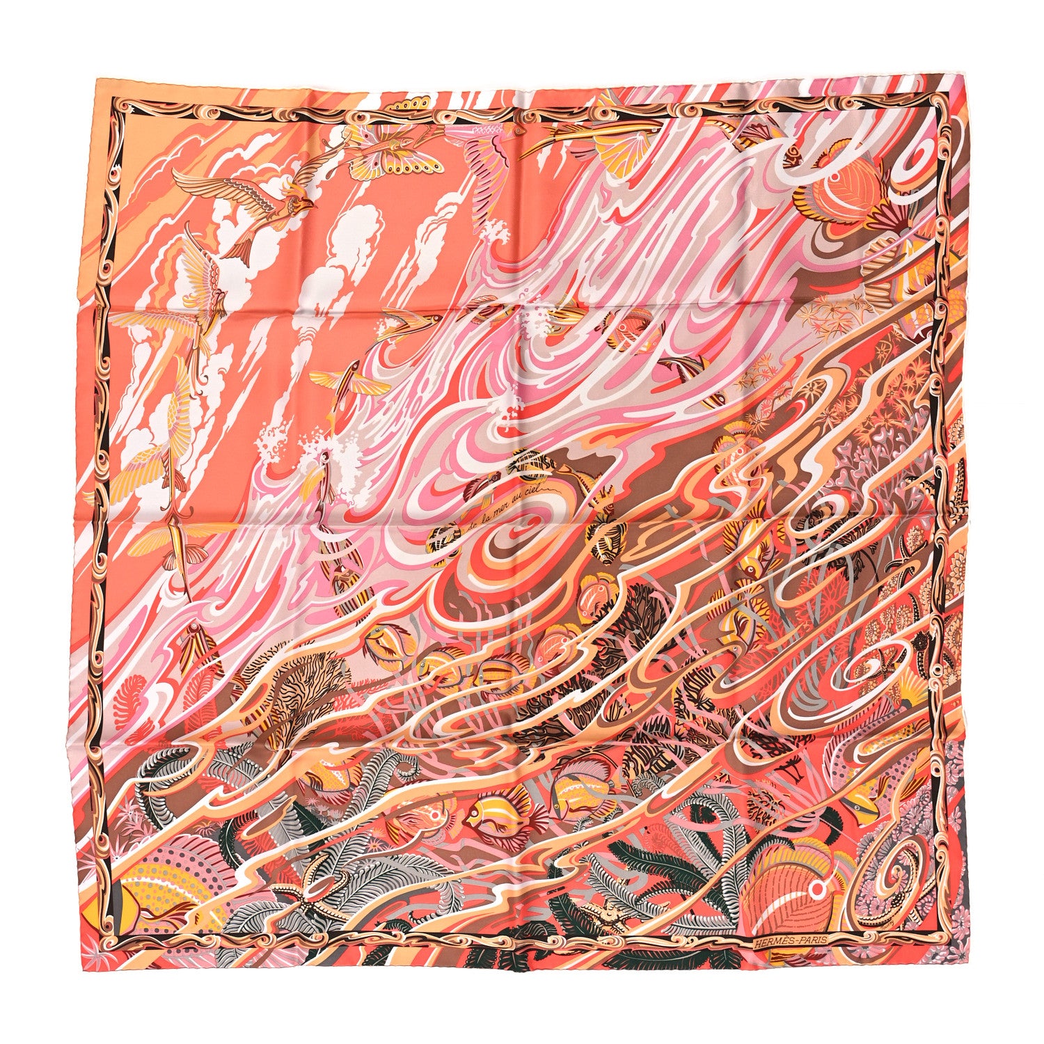 Hermes Silk De la Mer Au Ciel Scarf 90 Saumon Rose Marron glace 1 of 3
