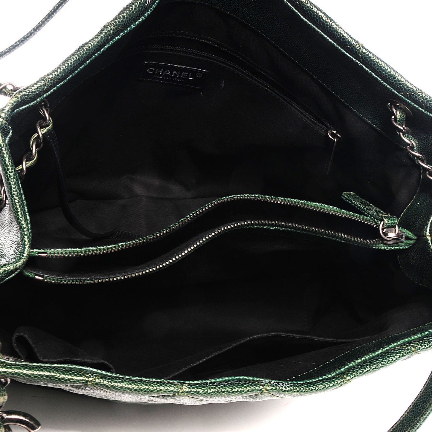 Iridescent Caviar Quilted Tall Chic Shopping Tote Dark Green