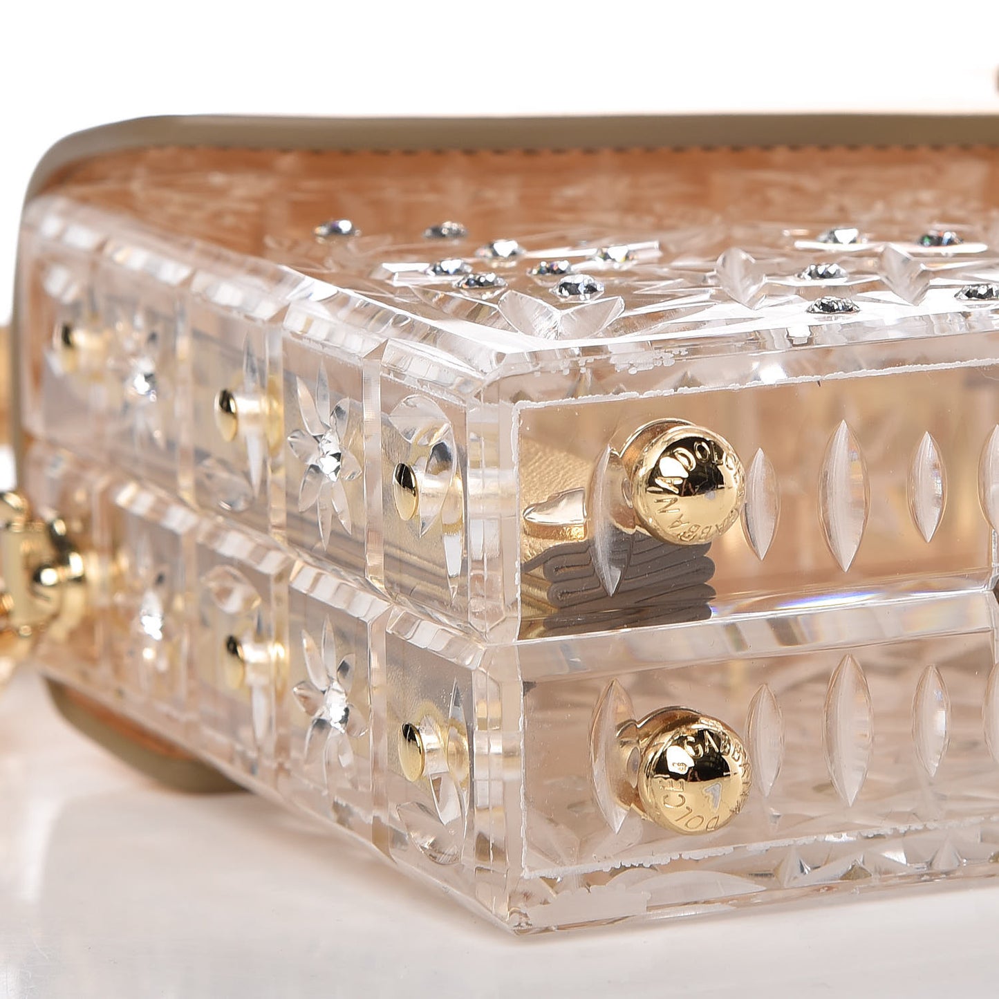 Plexiglass Crystal Embellished Dolce Box Clutch Gold