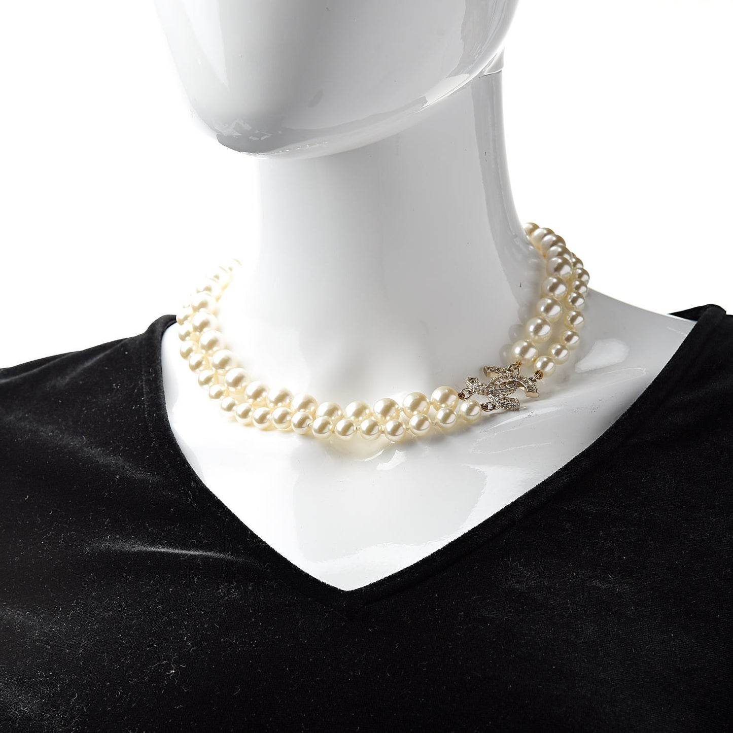 Baguette Crystal Pearl CC Double Strand Necklace Gold