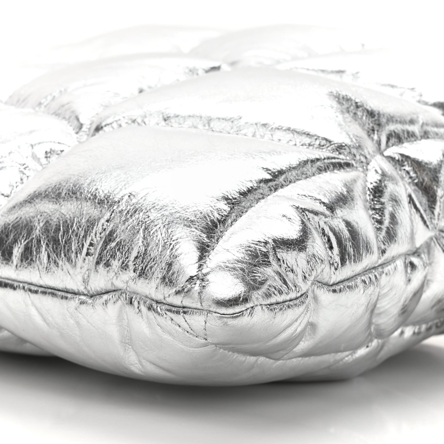 Metallic Crinkled Calfskin Pillow Quilted Softie Clutch Silver