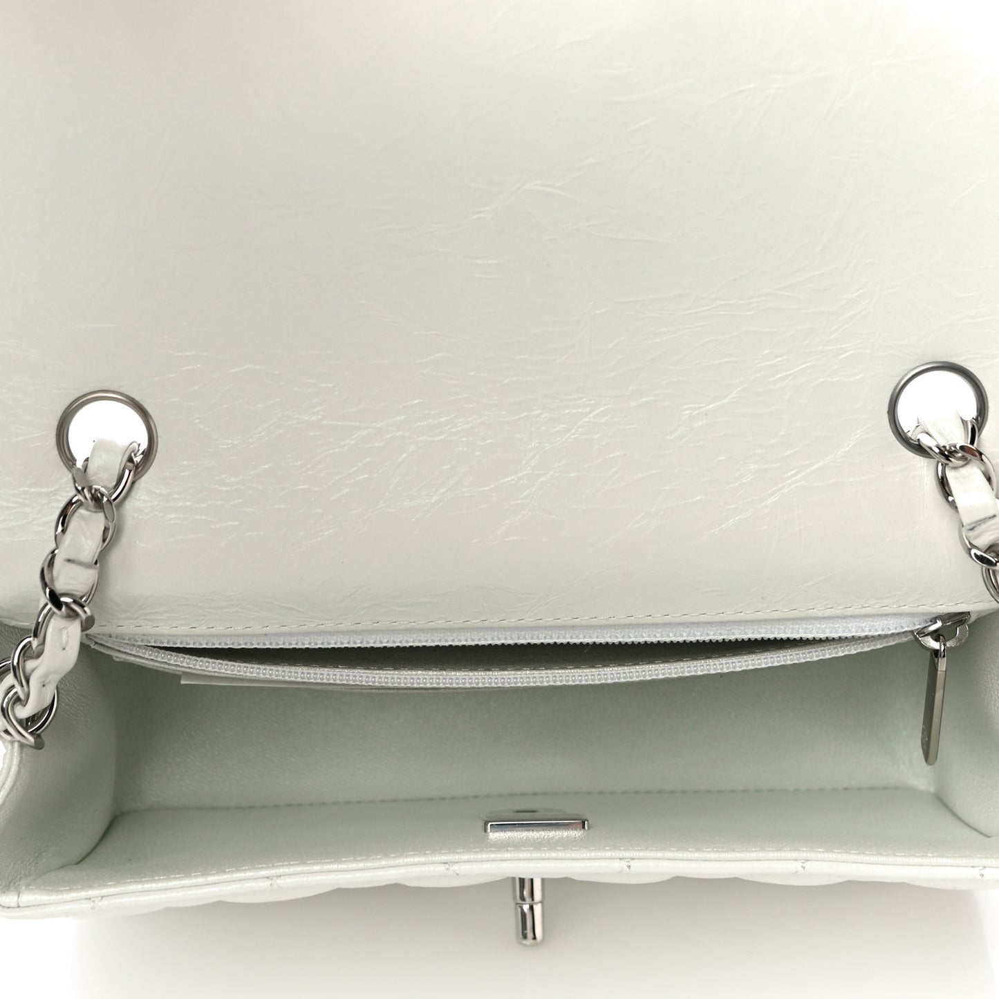 Iridescent Crumpled Calfskin Quilted Mini Rectangular Flap White