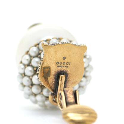 Gucci Metal Resin Pearl Feline Clip On Earrings Aged Gold 4 of 4