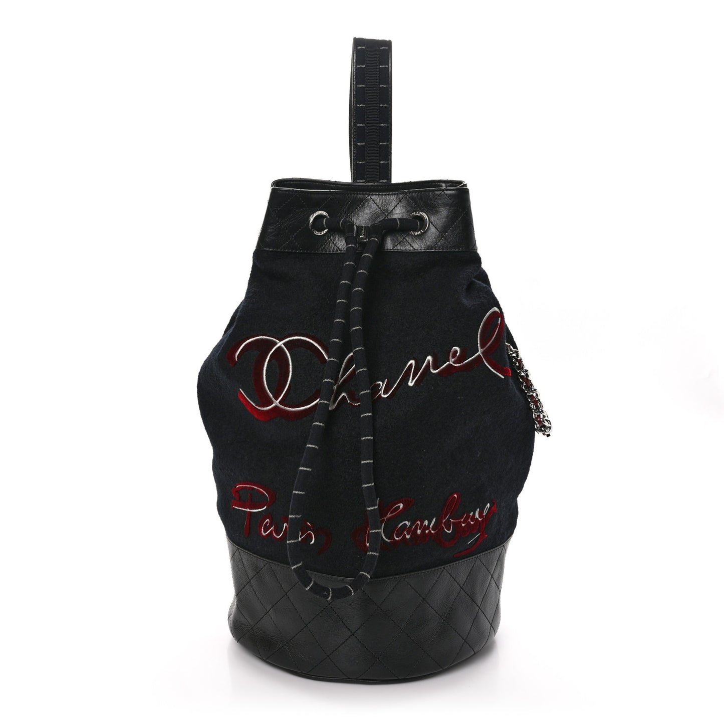 Wool Calfskin Embroidered Paris Hamburg Drawstring Backpack Black